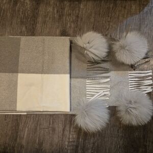 Elegant Gray and Cream Scarf with Pom Poms